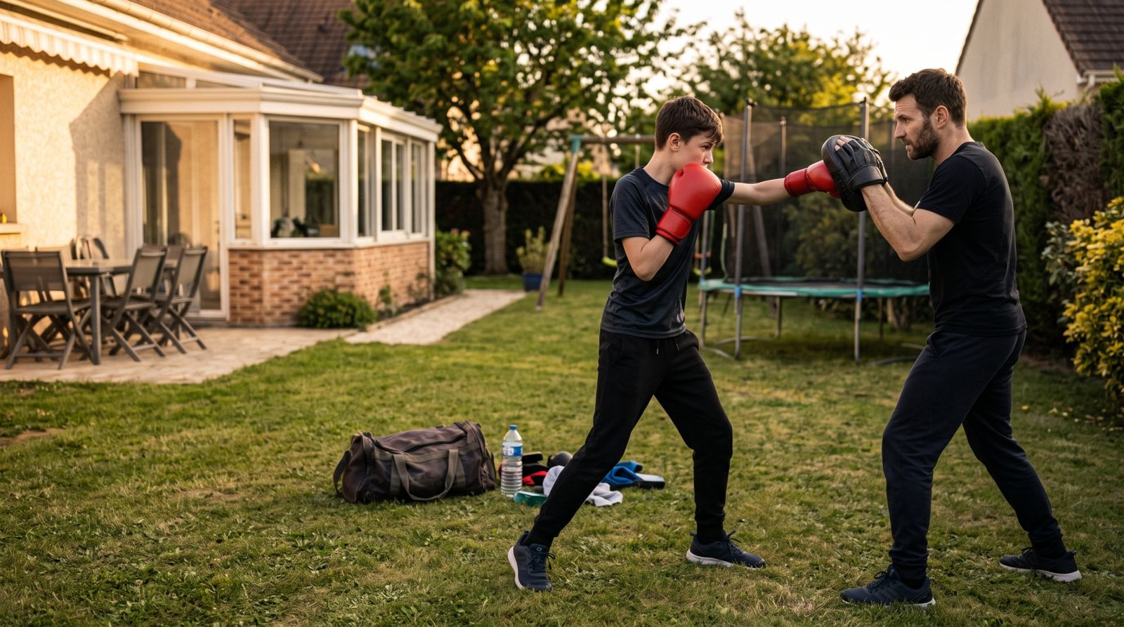Coach entraînant un adolescent dans un jardin