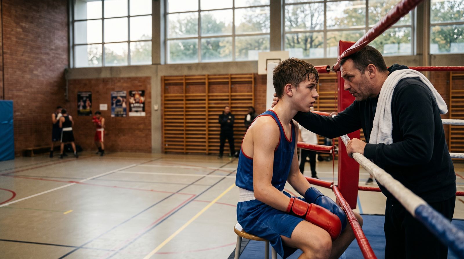 Coach parlant à un jeune boxeur dans le coin du ring