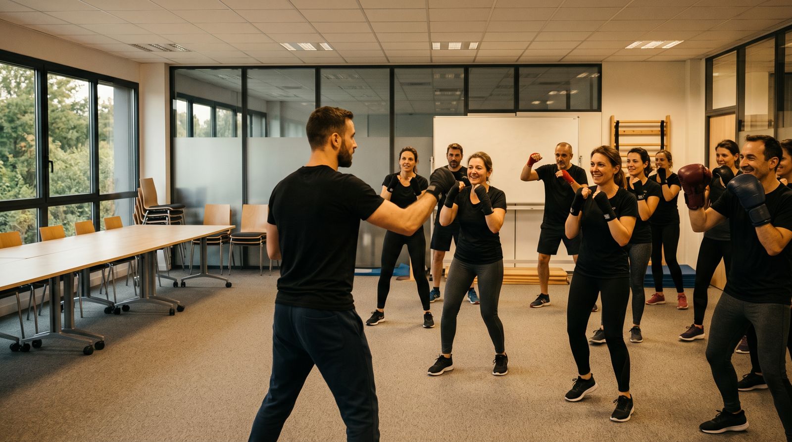 Salariés faisant du cardio-boxe dans une salle de réunion
