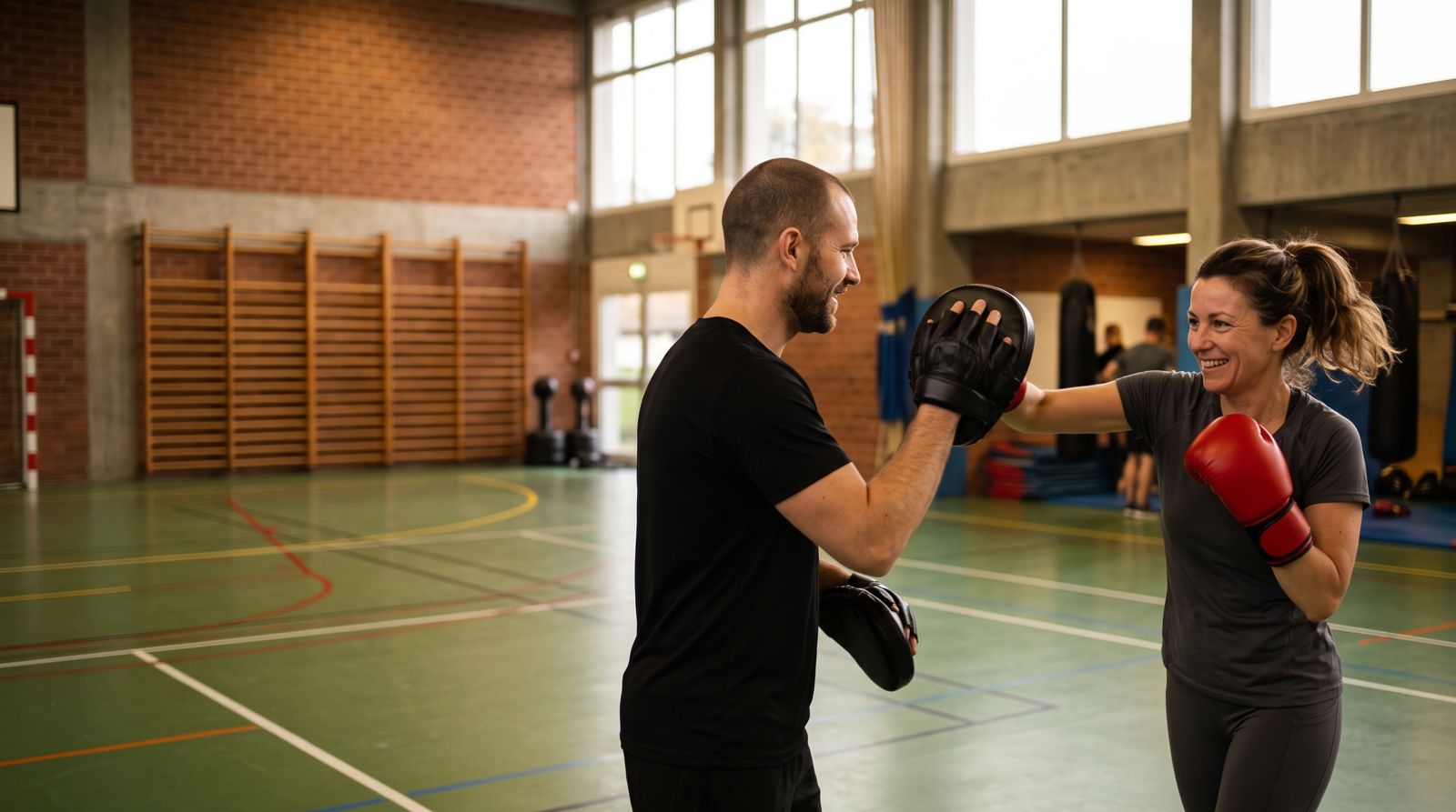 Femme souriante frappant dans des pattes tenues par un coach