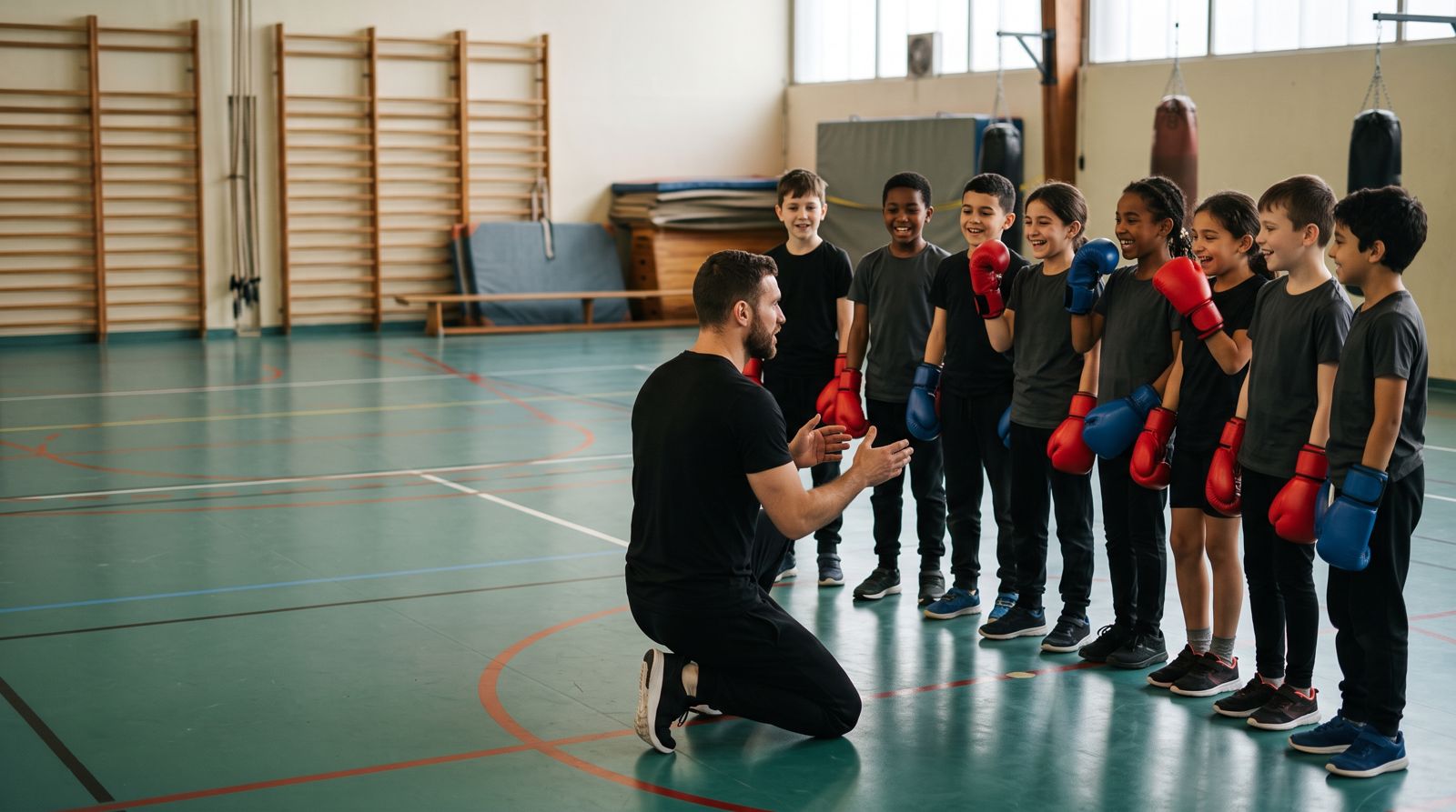 Groupe d’enfants gantés écoutant leur coach